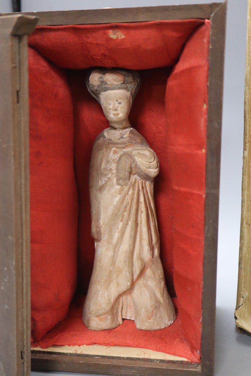 A Tang terracotta figure of a lady (a.f.) and Hentze, C. - A study in the beliefs of folklore of ancient China and a boxed Chinese tomb